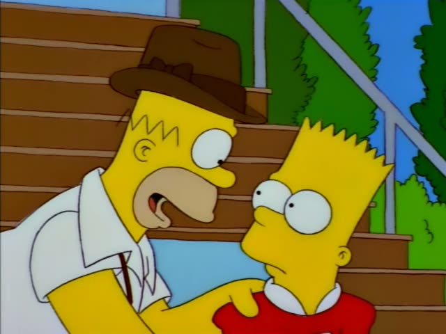 Homer Simpson stands on wooden bleacher steps holding a clipboard and gripping the shoulder of Bart Simpson, who wears a red…