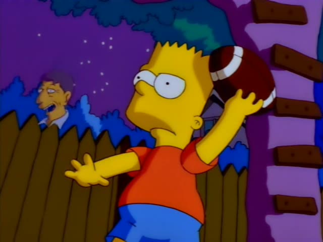 Bart stands in a backyard at night holding a football beside a wooden fence and a tree, with a purple sky and blue bushes…