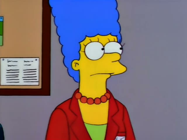Marge, Homer, Bart and Lisa appear, starting with Marge in a red jacket and red beads beside a corkboard, then the Simpson…