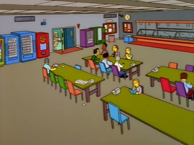 Homer Simpson stands at the left beside a green door marked EXIT, while Ned Flanders in a green sweater, glasses…