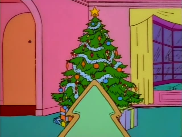 Lisa, Maggie and Bart stand in the pink living room beside a decorated Christmas tree with a gold star, while Marge watches…