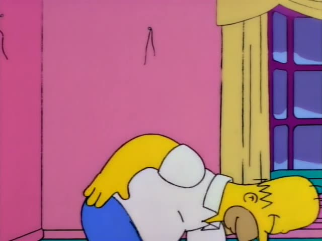 Homer stands in a pink room by a yellow curtain and window, holding a white washcloth, while Bart in an orange shirt…
