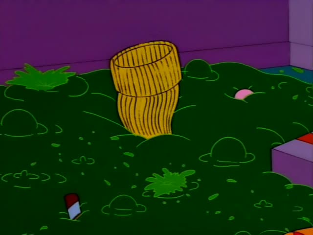 Marge and Homer lie in their bed in a blue bedroom with framed pictures of Bart and Lisa on the wall