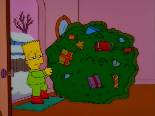 Bart drags a large lumpy green Christmas tree decorated with ornaments, gifts and a star first through a pink doorway…