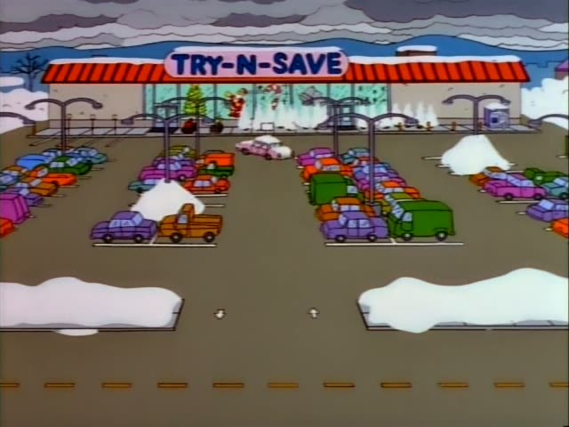 Homer and Marge arrive at the snowy Try-N-Save parking lot in a pink station wagon with two small figures in the back