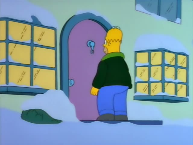 Homer arrives at the pink front door of the snowy house, stamping through snow past a Season's Greetings doormat, then steps…