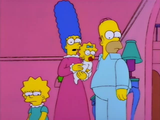 Homer, Marge and Lisa stand in a pink room with a lamp and a pink arched doorway as Homer and Lisa shift their gaze…
