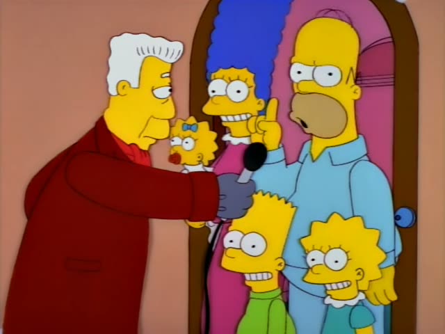 Homer, Marge, Maggie, Bart and Lisa stand together in a pink-framed doorway while an elderly white-haired man in a red coat…