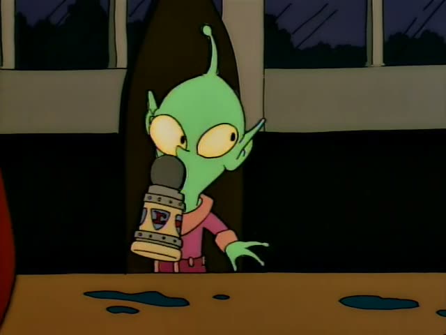 Krusty the Clown, Mr. Burns and Carl sit at a long wooden counter with a small green alien in a pink outfit beside them, all…
