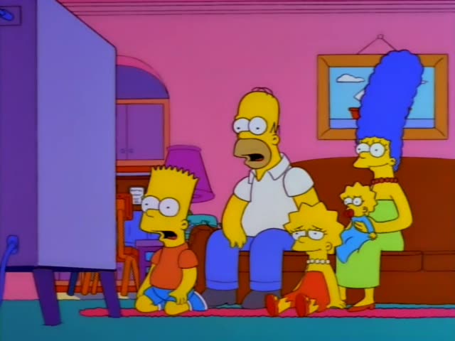 Homer, Marge, Bart, Lisa and baby Maggie gather in the pink living room, where Bart gapes and Lisa scowls at a television…