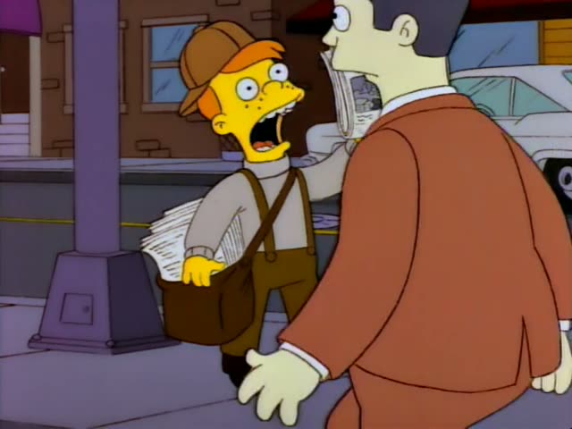 A freckled red-haired newsboy in a brown cap, cream turtleneck and tan overalls, carrying a satchel and papers, holds up…