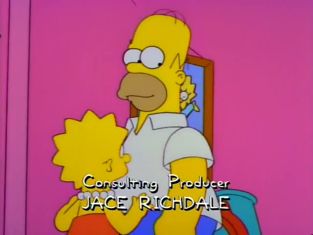 Homer and Lisa stand together in a pink room beside a red lampshade lamp and a framed picture of Maggie, with a wall hanging…