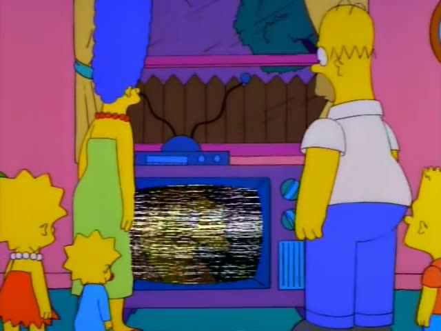 Bart stands in the living room in front of a brown couch and a lamp, first pondering with a finger to his chin…