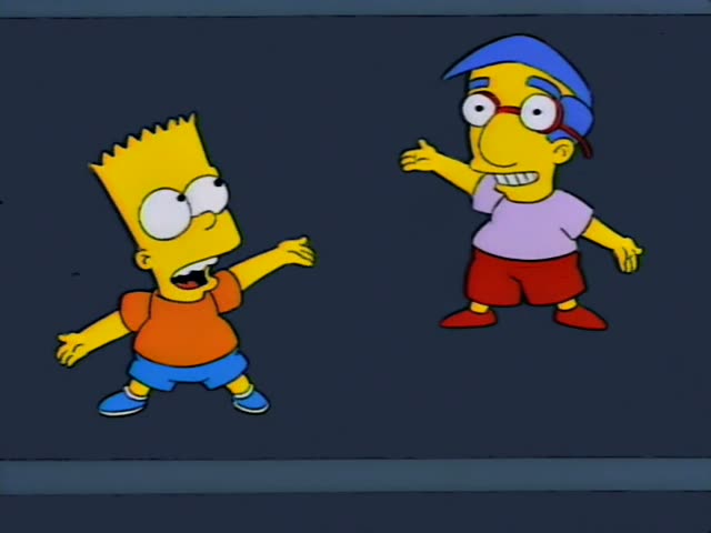 Bart Simpson and Milhouse stand on a dark blue backdrop and gesture with outstretched arms, then Bart and Milhouse are…