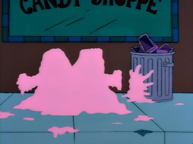 Homer Simpson first stands by a pink goo puddle on a tiled sidewalk beneath a Candy Shoppe sign, then picks up a purple…