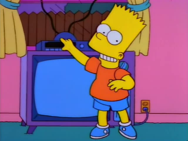 Bart Simpson stands in front of a blue television set in the living room, first holding a black remote toward it…