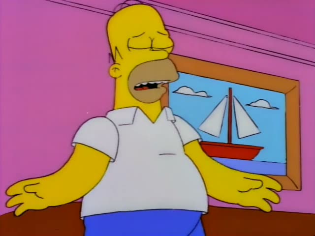 Homer Simpson sits on a brown couch in the living room with a sailboat painting on the pink wall, his hand propped…