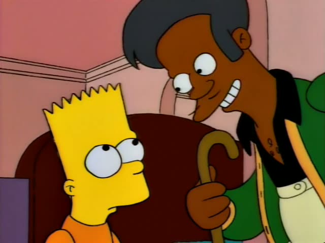 Apu leans on a wooden cane beside Bart in his orange shirt and then Homer in his white shirt in a pink living room…