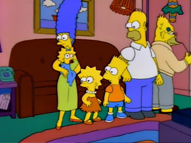 Marge, holding baby Maggie, Lisa, Bart, and Homer stand in the living room in the first frames, with Grampa, a wrinkled old…