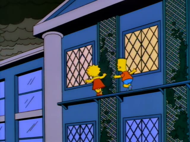 Bart and Lisa cling to a narrow ledge outside a blue building, reaching toward their windows before peeking into a purple…