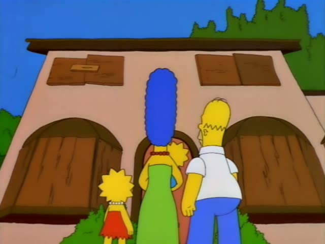 Homer is joined by Marge with her tall blue beehive and green dress, Lisa in her red dress, and Maggie, a baby…