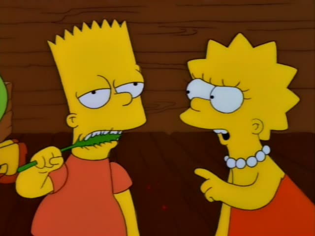 Bart chews the end of a green twig like a toothbrush in a rustic wooden room with a dark wood-plank floor, while Lisa stands…