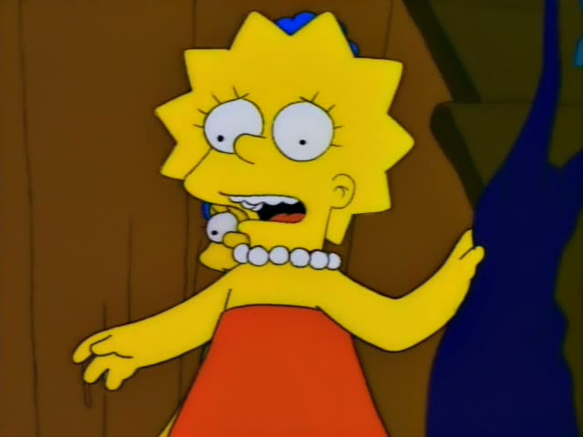Lisa Simpson appears first in a close-up against a brown wood-paneled wall, then Marge Simpson stands beside her