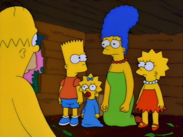 Homer stands at the left edge with his back partly to us while Bart, Maggie with her pacifier and blue bow, Marge…