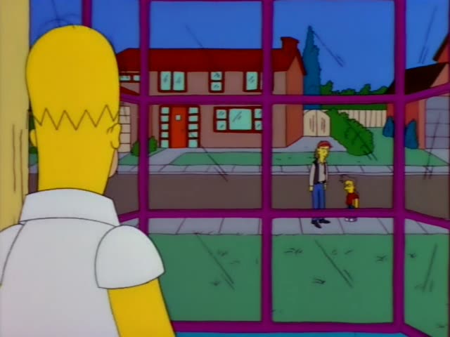Homer Simpson stands indoors with his back to the viewer, looking out through a magenta-framed window at a rainy street…