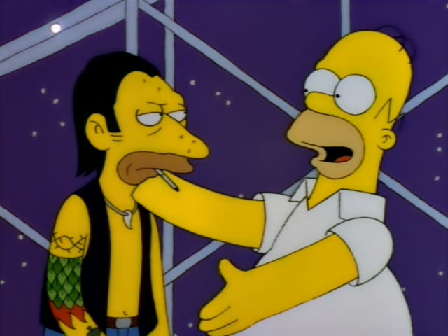 Homer stands beside a long-haired man in a black vest with a tattooed arm and a cigarette in his mouth, against a purple…