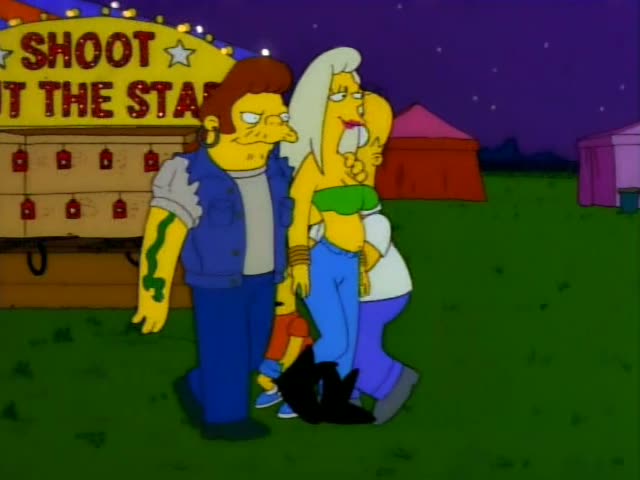 Homer Simpson and Bart walk through a fairground at night, with Homer clutching a wad of cash