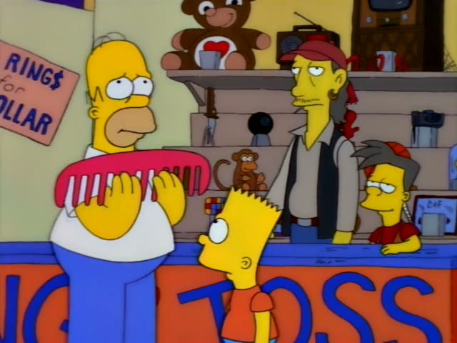 Homer holds up a large pink comb at a bar counter while Bart stares up at it