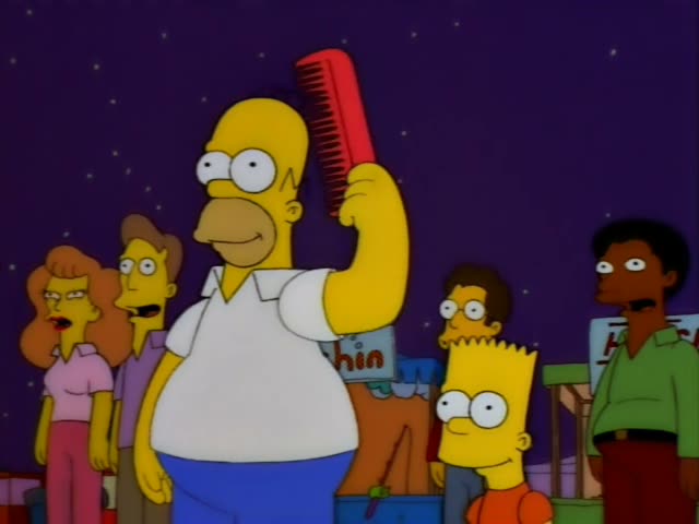 Homer raises a red comb overhead against a starry purple night sky, with Bart in his orange shirt, Carl in a green sweater…