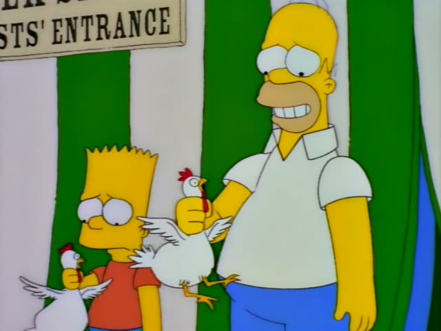 Homer Simpson and Bart Simpson stand together in front of a green-and-white striped wall beneath a sign reading 'ST'S'…