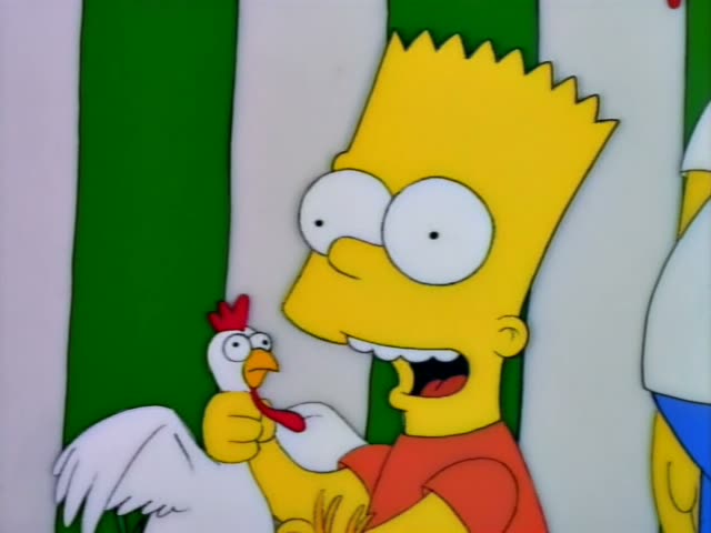 Bart and Homer stand in front of a green-and-white striped backdrop at a carnival, with Bart chewing on a white chicken…