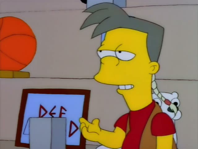 Homer stands in a toy shop beside a man in a red cap, dark vest and jeans, while Bart in an orange-red shirt watches nearby