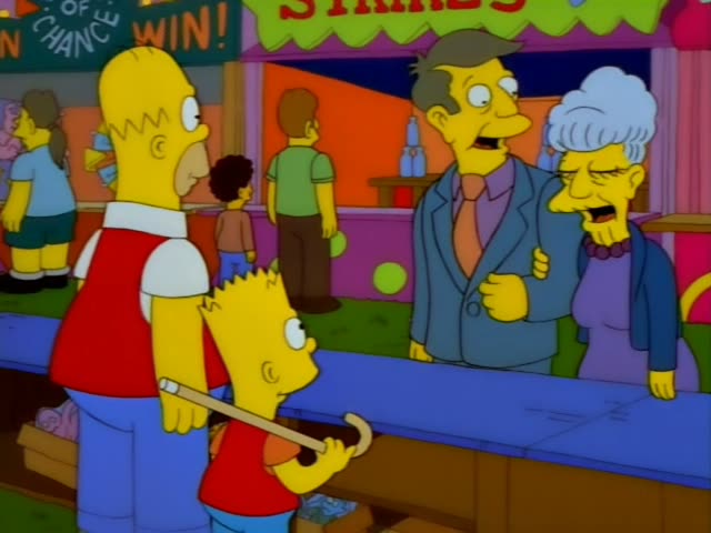 Homer and Bart stand at a carnival booth beside Principal Skinner in a blue suit and a grey-haired woman in a purple dress…