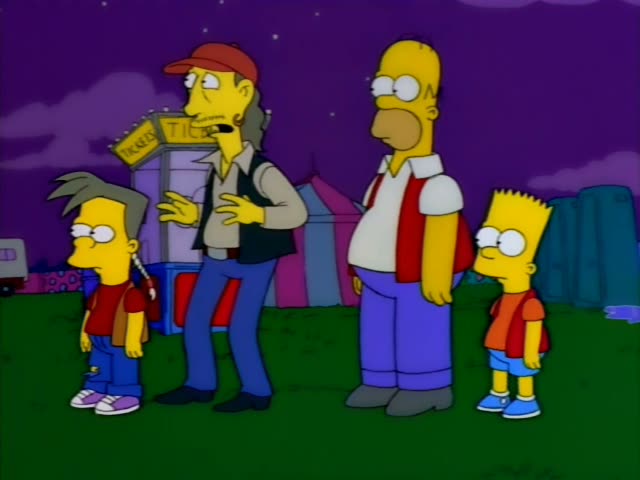 Homer stands with Bart in an orange shirt and a spiky-haired boy in a red shirt while a long-haired carnival worker in a red…