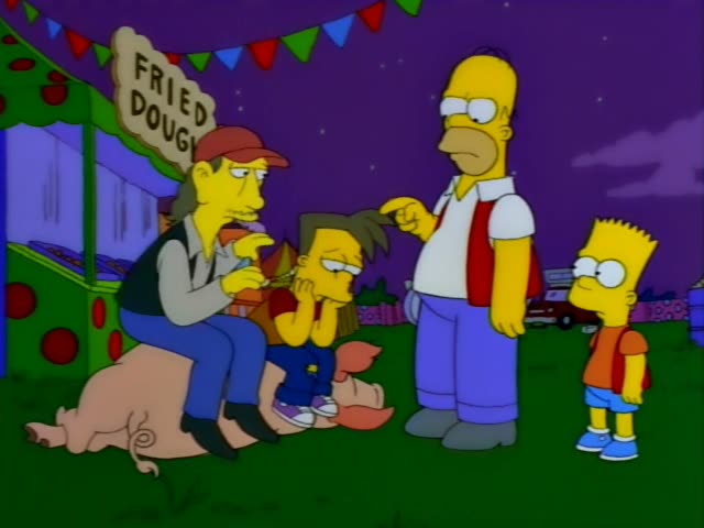 Homer stands pointing at a spiky-haired boy in a red shirt and blue overalls who sits on a pink pig beside a long-haired man…
