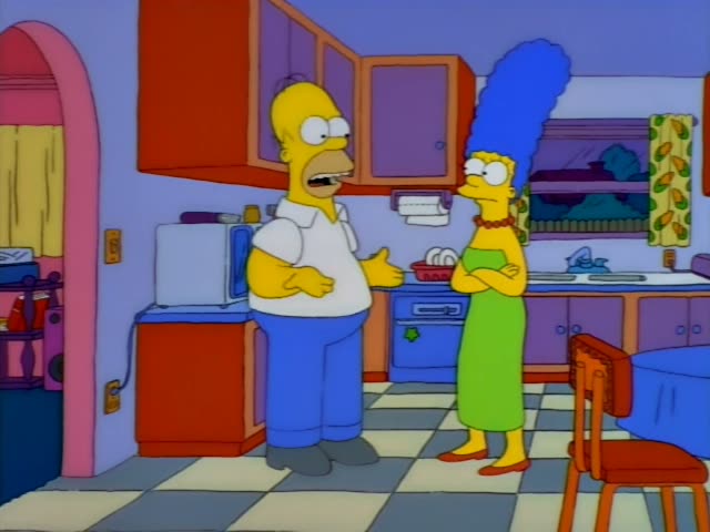 Homer and Marge stand in a kitchen with a checkered floor, a dish rack and a chair nearby