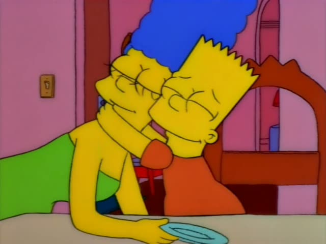 Marge Simpson and Bart Simpson sit at a table in the pink dining room