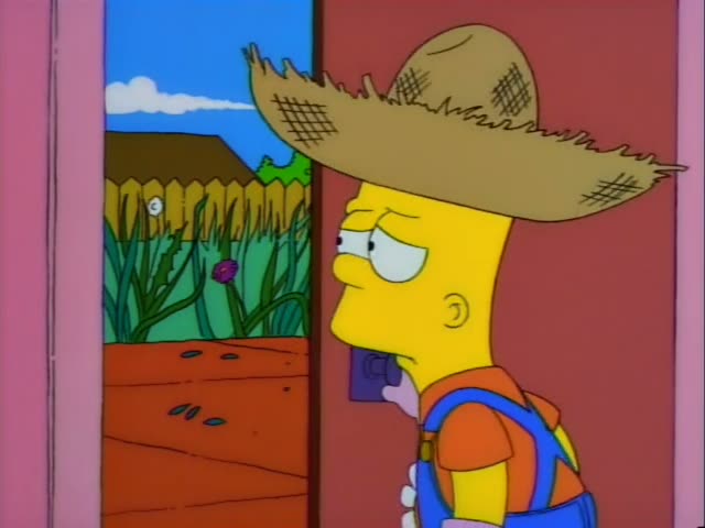 Bart and Lisa Simpson stand in the Simpsons' overgrown front yard, with Bart holding a sheet of paper