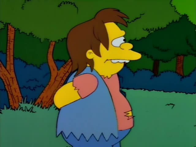 Nelson and Milhouse are in a leafy wooded area with tall bamboo stalks