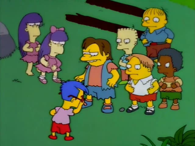 Milhouse is held back by Lisa, who wears a red dress and pearl necklace, while Bart in an orange shirt stands beside them…