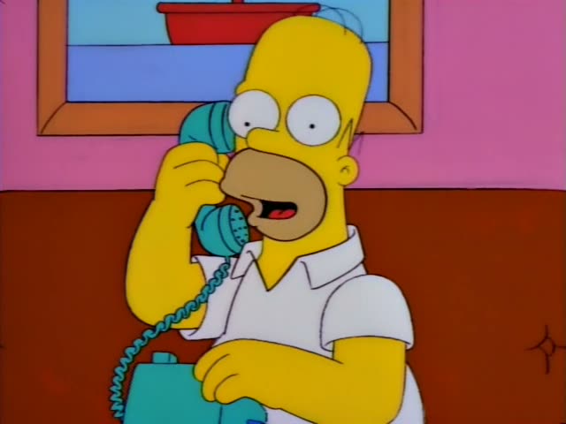 Homer Simpson holds a teal telephone receiver to his ear in a pink-walled room with a framed red boat picture, first smiling…