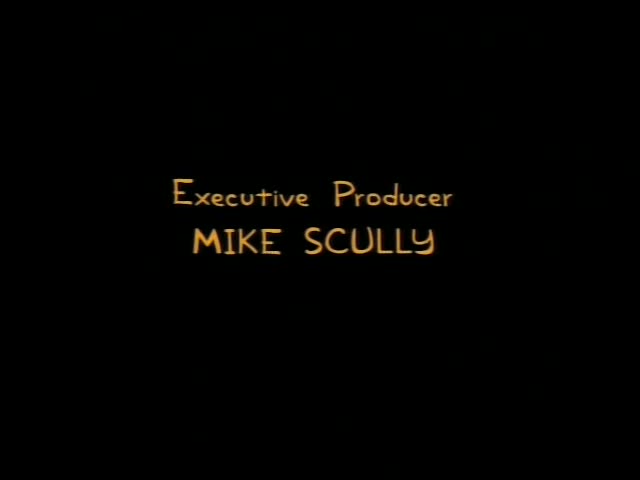 The scene is a black title card sequence of credits in yellow Simpsons-style lettering