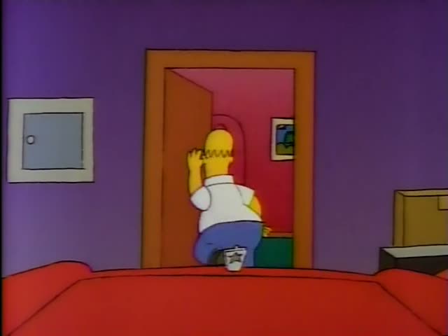 Homer starts in a purple bedroom beside a red bed and a cardboard box, gesturing and shouting