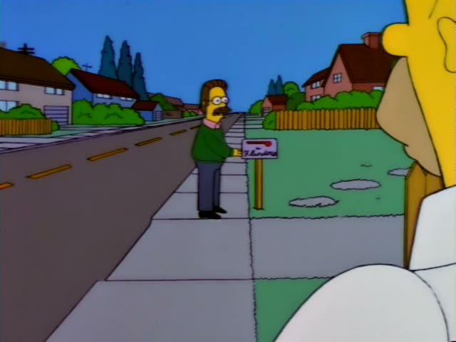 Ned Flanders walks along a sidewalk on Evergreen Terrace holding a white envelope addressed to Flancrest Enterprises, 740…