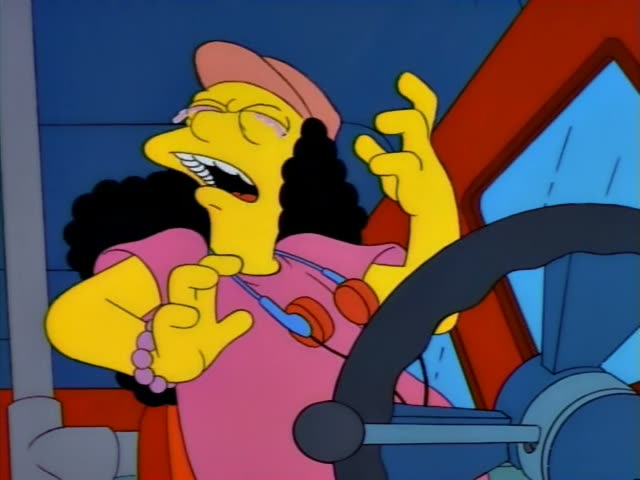 Otto wrestles the wheel of a yellow school bus while shouting and squinting, and the bus crashes through a guardrail…