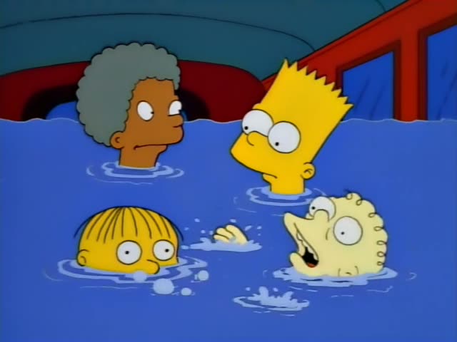 Bart Simpson and a girl with curly yellow hair and an open mouth bob in deep blue water beside a half-submerged vehicle…